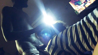 Black dude POV filming a slutty brunette blowing his cock