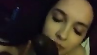 Cute young brunette worshipping black cock and giving a good suck